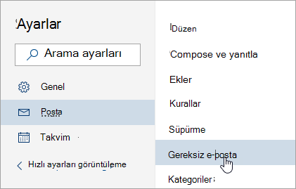 Gereksiz e-postanın seçili olduğu Ayarlar menüsünün ekran görüntüsü