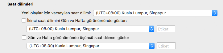 İkinci ve Üçüncü saat dilimlerini CalendarCalendar Tercihler'de gösterir
