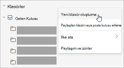 Klasör bölmesindeki Diğer seçenekler menüsünde seçilen Yeni klasör oluştur'un ekran görüntüsü