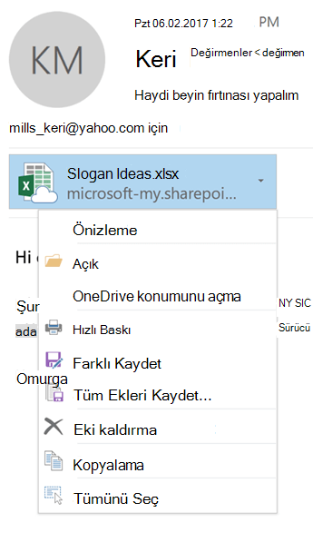 Ek menüsünü görüntülemek için ek simgesinin sağ tarafındaki aşağı açılan oku seçin