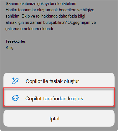 Mobil cihazlar için Outlook'ta Copilot ile Koçluk işlevine yönelik menü seçeneği