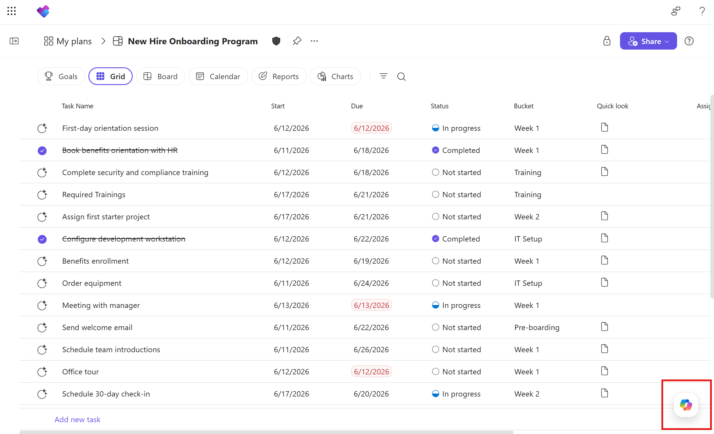 Ekranın alt köşesindeki Copilot düğmesini gösteren Microsoft Planner ekran görüntüsü.