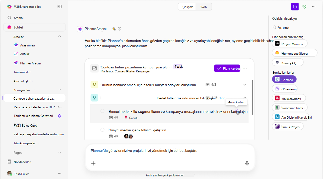 Planner Aracısı'nın taslak modunda yapay zeka önerilerini düzenlediğini gösteren ekran görüntüsü.