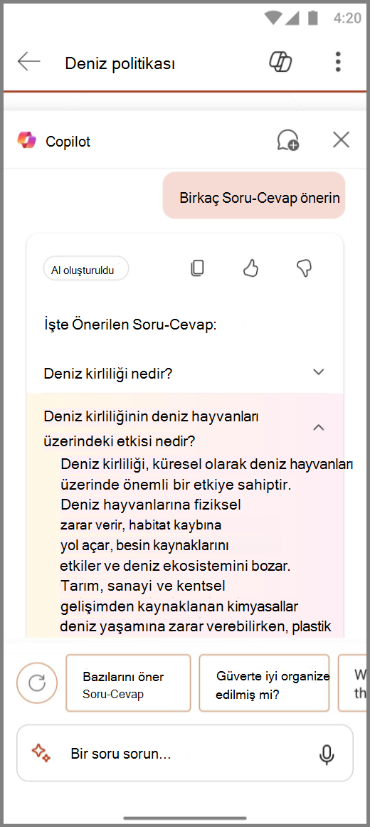 Android üzerinde PowerPoint'te Biraz Q&Öner isteminin sonuçlarıyla birlikte Copilot'un ekran görüntüsü