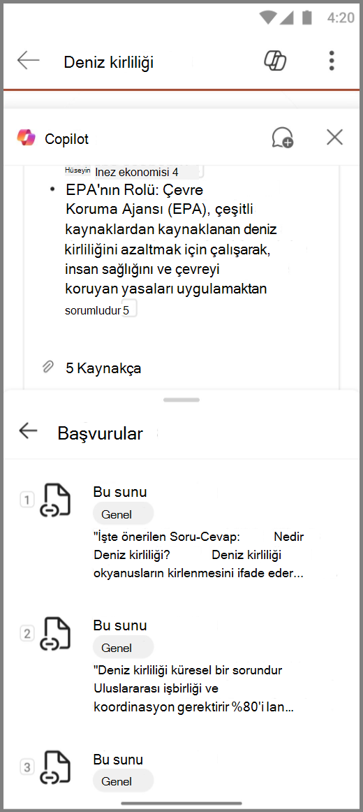 Bu desteyi Özetle yanıtı için Referanslar içeren Android cihazdaki PowerPoint'teki Copilot'un ekran görüntüsü