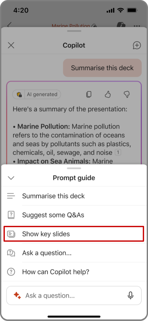 iOS cihazında PowerPoint'te Anahtar Slaytları Göster istemiyle Copilot'un ekran görüntüsü