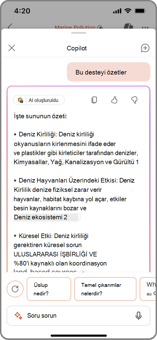 iOS cihazında PowerPoint'te Bu Deste Sonuçlarını Özetle ile Copilot'un ekran görüntüsü