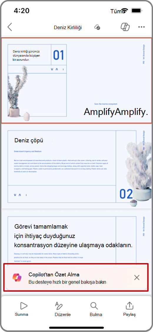 iOS cihazında PowerPoint'teki Copilot'un Özet Al İstemi vurgulanmış ekran görüntüsü