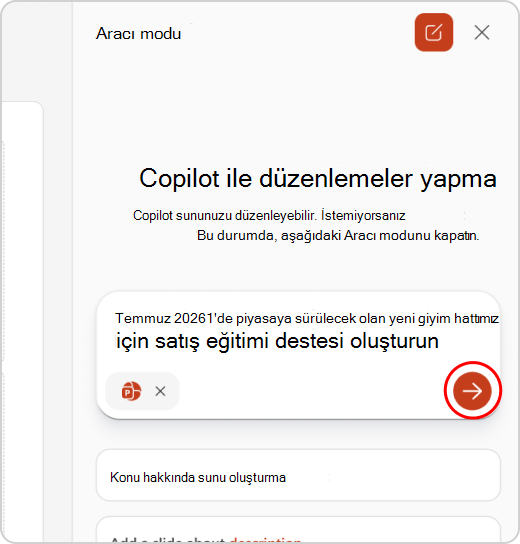Aracı Moduna girilen istem ve gönderme oku vurgulanıyor