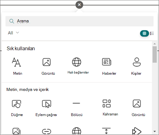 Kullanılabilir web bölümlerini görmek için, düzenlemekte olduğunuz SharePoint sayfasında daireyi seçin.