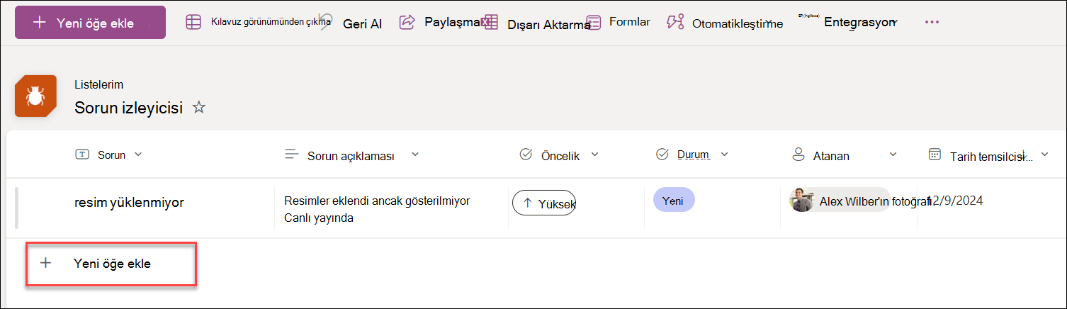 Kılavuz görünümünde yeni ekleme ekran görüntüsü