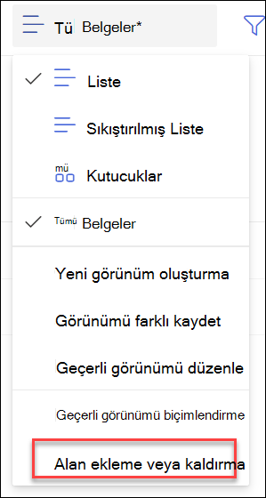 Alan Ekle, Kaldır seçeneğinin ekran görüntüsü