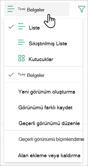 Liste görünümünü değiştirmek için kullanılan Tüm Belgeler görünümü açılan listesini gösteren ekran görüntüsü.