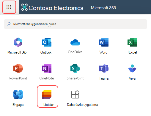 Microsoft 365'te Uygulama Başlatıcı ve Listeler uygulamasının ekran görüntüsü.