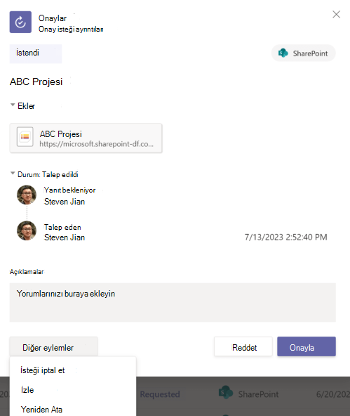 Uygulamadaki Onay isteği ayrıntılarının ekran görüntüsü.