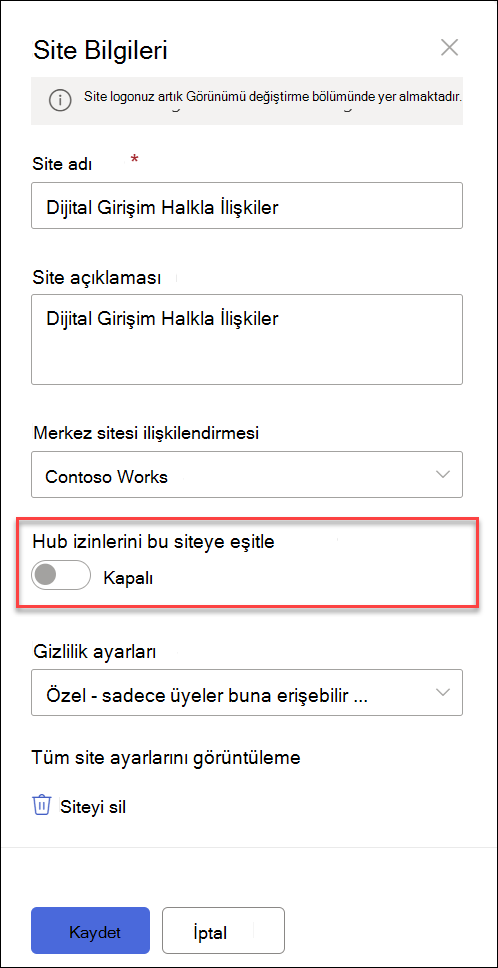 İlişkilendirilmiş siteler eşitleme iki durumlu düğmesinin ekran görüntüleri