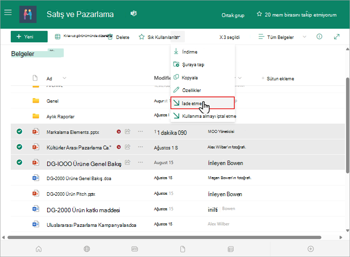 SharePoint kitaplığınızda birden çok dosyayı seçebilir ve iade edebilirsiniz.