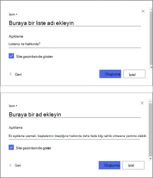 Resmin üst bölümü boş liste bilgilerini girmeye yarayan bir pencere, alt bölümü ise belge kitaplığı oluşturmaya yarayan bir penceredir.