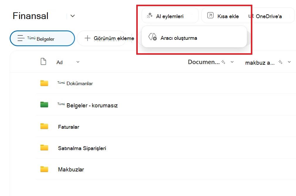 SharePoint belge kitaplığından aracı oluşturma düğmesini gösteren ekran görüntüsü.