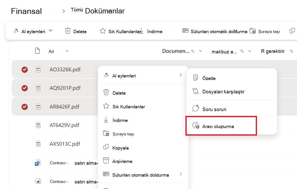 Dosya veya klasör seçimi bağlam menüsünden aracı oluşturma düğmesini gösteren ekran görüntüsü