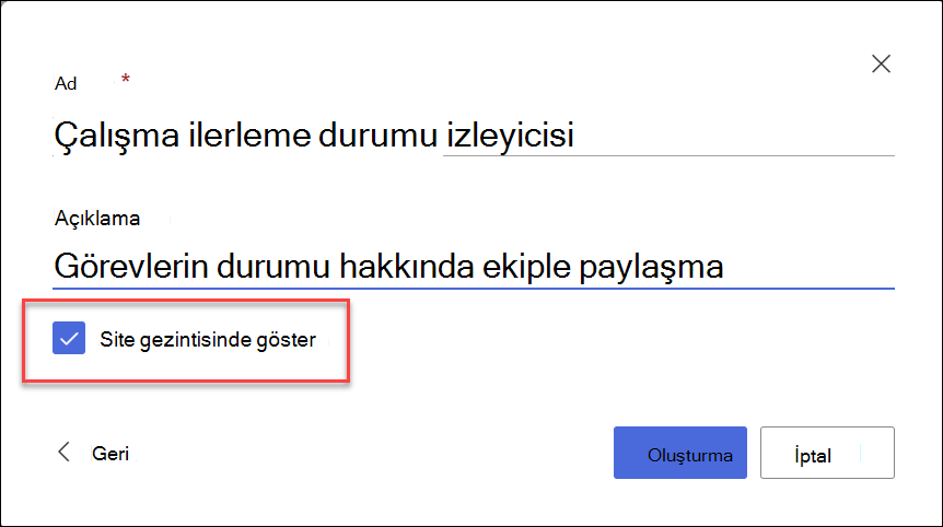 SharePoint sitesinden liste oluşturma ekran görüntüsü