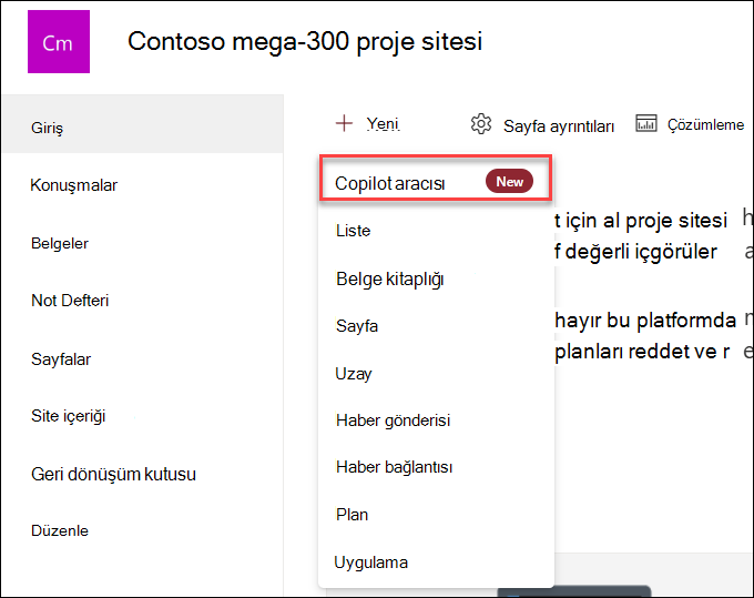 Site giriş sayfasından yeni Copilot aracısı oluşturma ekran görüntüsü