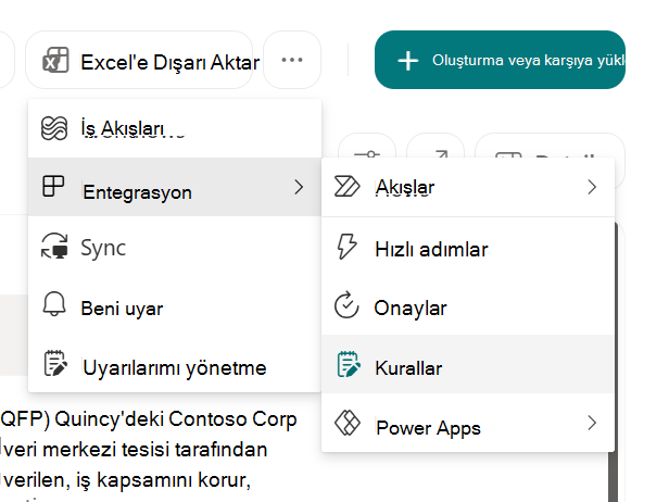 SharePoint'te bir listeyi otomatikleştirmek için kural oluşturma özelliğini gösteren ekran görüntüsü.
