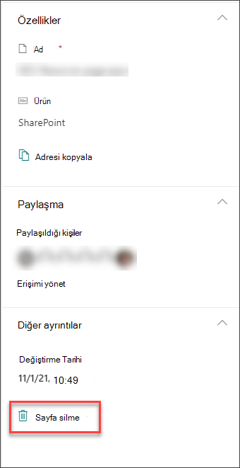Sayfa ayrıntıları bölmesinde sayfayı sil seçeneğinin ekran görüntüsü