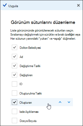 Belge kitaplığında sütunları yerleştirme
