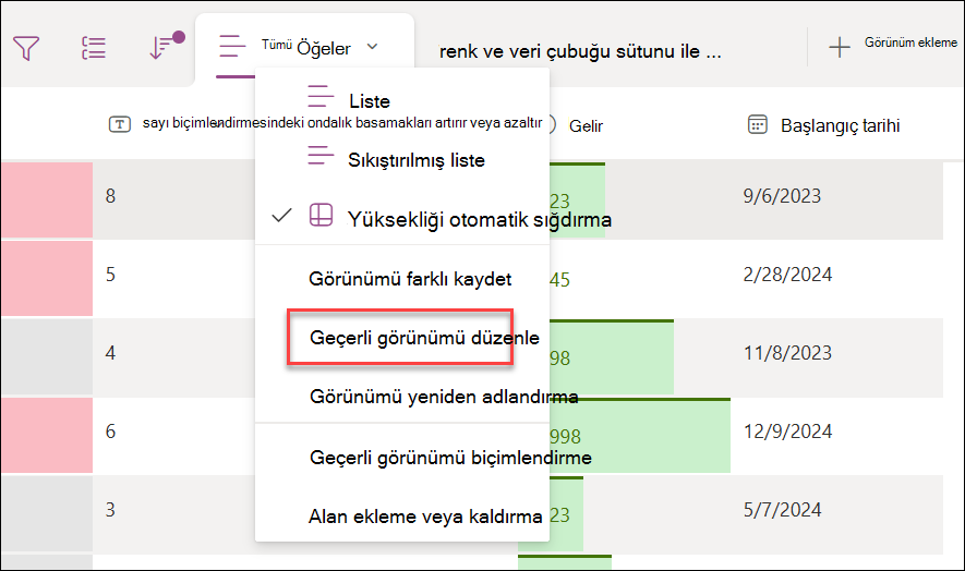 Geçerli görünümü düzenlemeyi seçme ekran görüntüsü