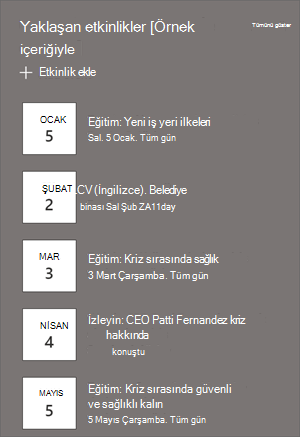 Etkinlik listelerini ve tarihlerini içeren etkinlikler web bölümü.