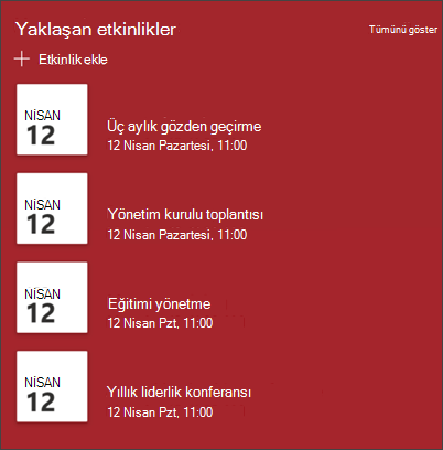 Etkinlikler web bölümünün ekran görüntüsü
