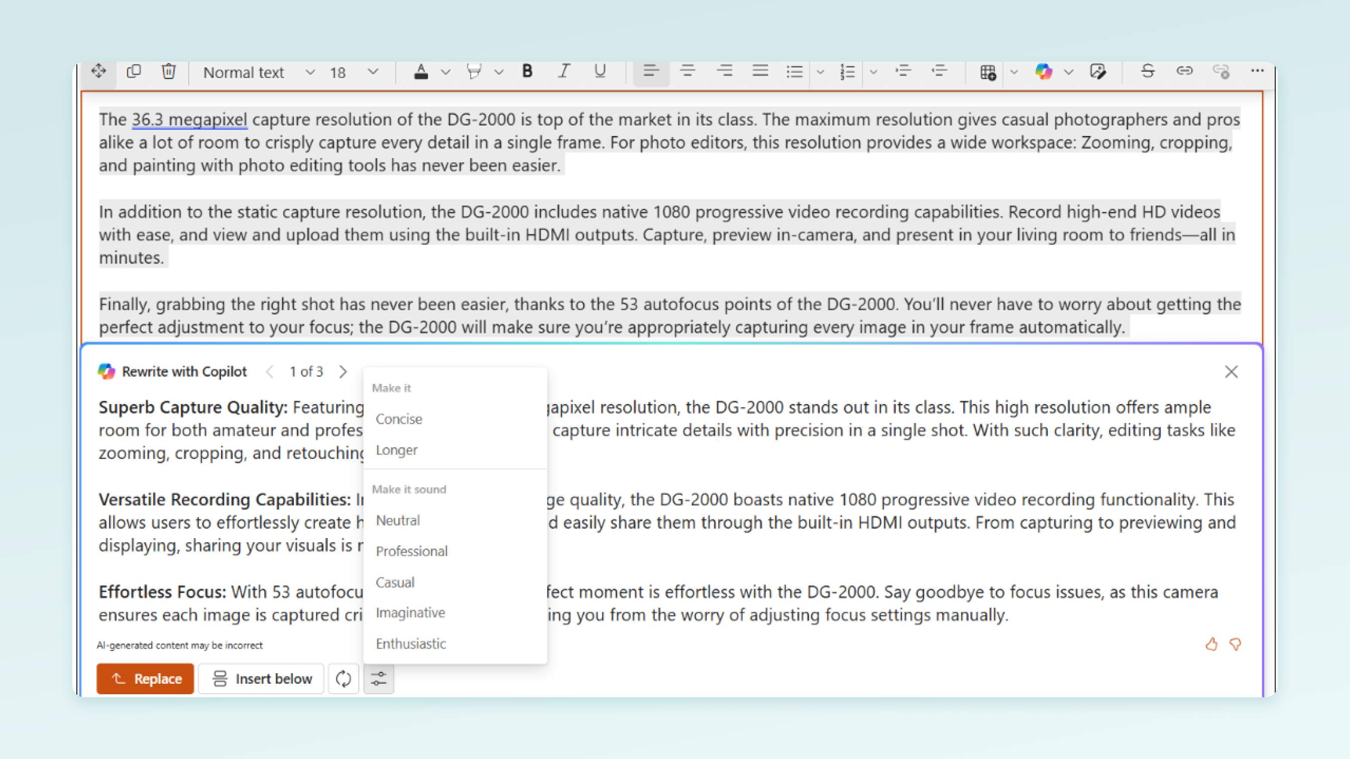 SharePoint'te Copilot zengin metin düzenleyicisi ile yazma için giriş sayfasının ekran görüntüsü