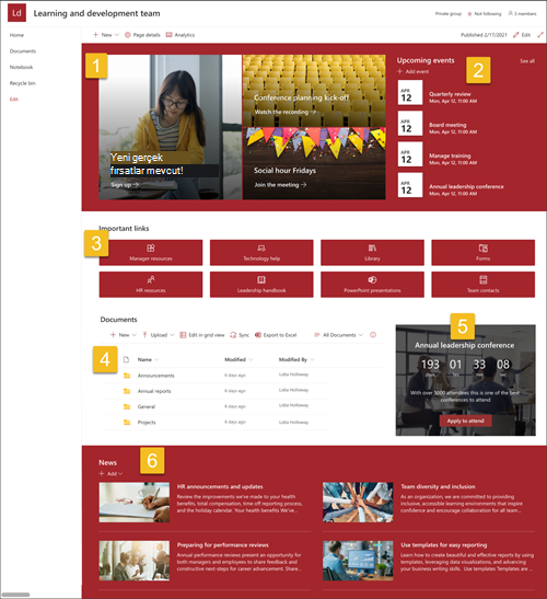 Adımları numaralandırılmış tam öğrenme ve gelişim ekipleri site şablonunun ekran görüntüsü
