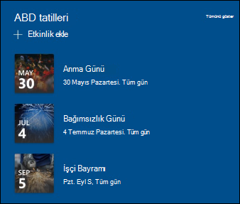 Etkinlikler web bölümünün önizlemesi.