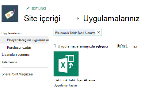 Ekleyebileceğiniz Uygulamalar'da elektronik tablo içe aktarma seçeneğinin ekran görüntüsü.