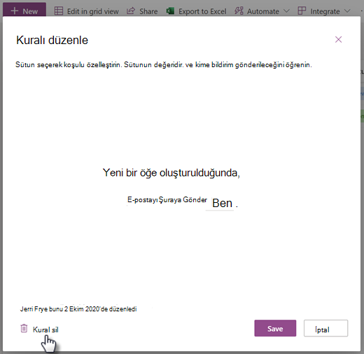 Kuralı düzenle sayfasından bir liste kuralı silme işleminin ekran görüntüsü.