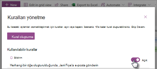 Kuralları yönet sayfasında bir kuralın nasıl açıldığını veya kapatıldığını gösteren ekran görüntüsü.