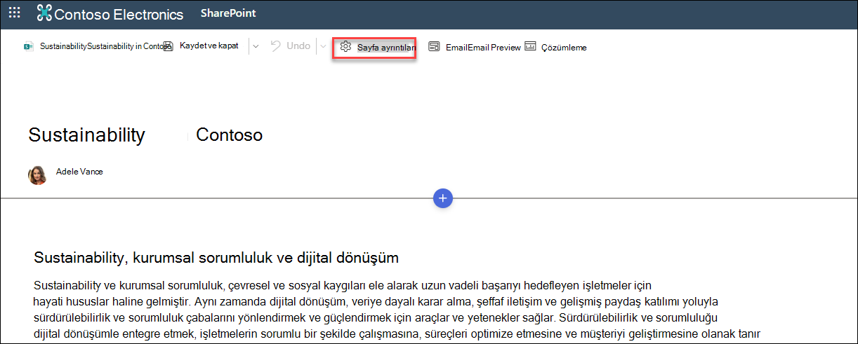 Sayfa ayrıntıları düğmesinin konumu