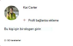 Resimde, bir profil bağlantısı eklemenize ve Bu kişi için bir slogan girmenize olanak tanıyan bir Medium PeoplePeople Kartı gösterilmektedir. Slogan en fazla 50 karakter olabilir.