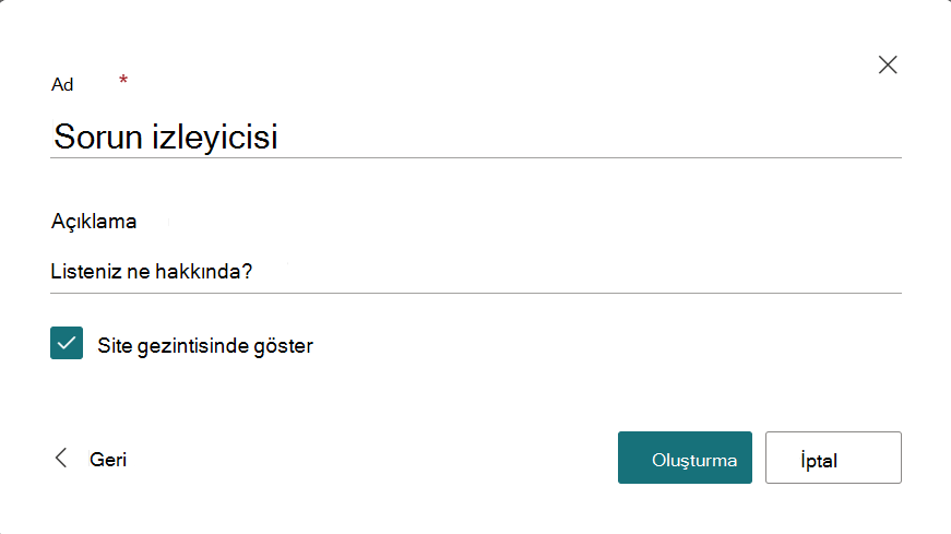 Yeni listenin adını ve açıklamasını sağlamak için iletişim kutusu