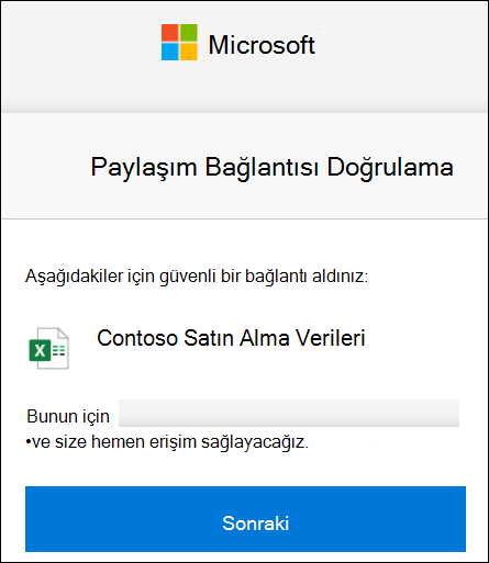 OneDrive Dış Paylaşım Oturum açmak için bağlantı doğrulaması.