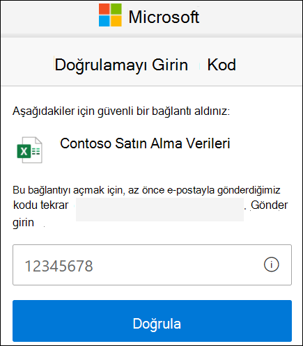 OneDrive dış paylaşım kodu doğrulama penceresi