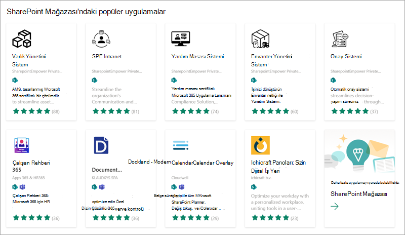 SharePoint Mağazası'ndan sitenize ekleyebileceğiniz bazı popüler uygulamaları gösteren ekran görüntüsü.