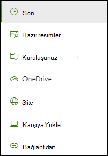Bağlantı eklerken kullanabileceğiniz konumların listesi.