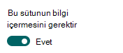 Sütunu bilgi gerektirecek şekilde ayarlama.