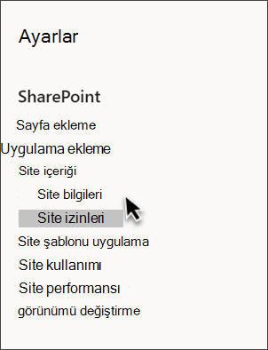SharePoint ayarlarının ve Site bilgilerinin seçili olduğu ekran görüntüsü