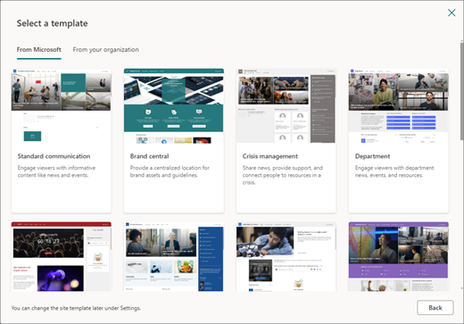 SharePoint iletişim sitesi için şablon seçimleri
