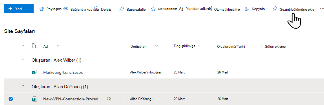 Site Sayfaları'ndan menüye sayfa ekleme.