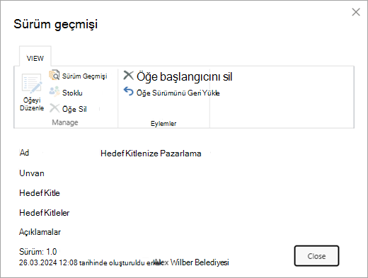 Sil seçeneğini gösteren Sürüm geçmişi iletişim kutusu.